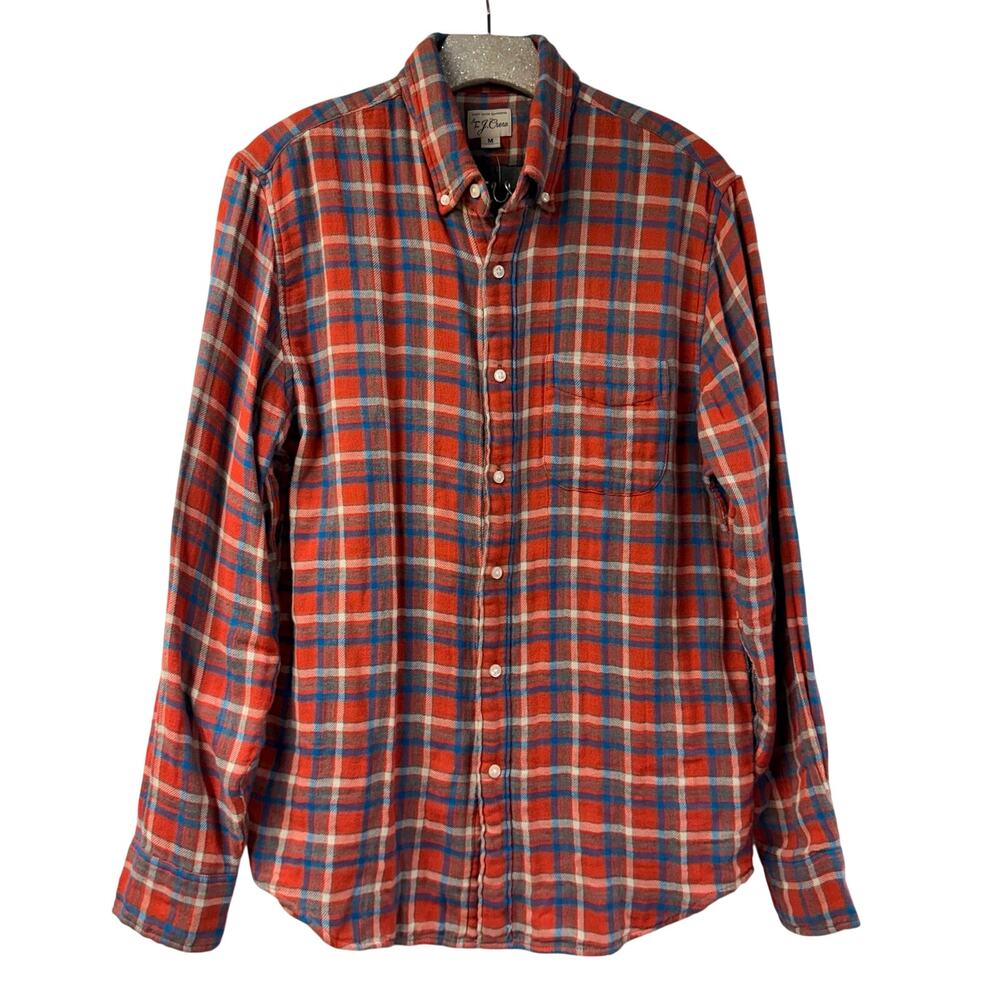 J Crew Flannel Shirt Plaid Red Blue Gray Medium Slim Double Weave AY988